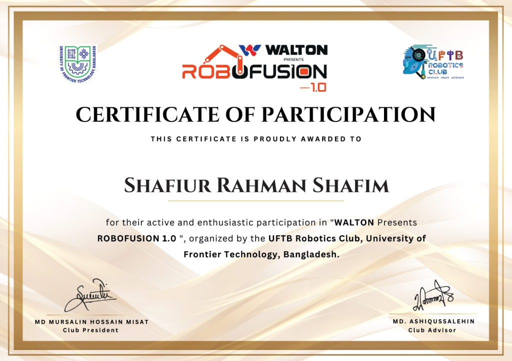 WALTON Presents ROBOFUSION 1.0 – Certificate of Participation