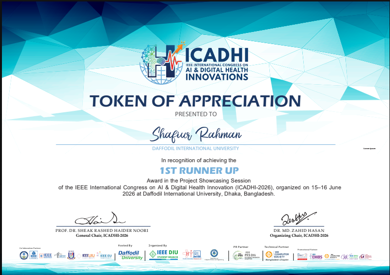 ICADHI 2026 Project Showcase – 1st Runner-Up Certificate