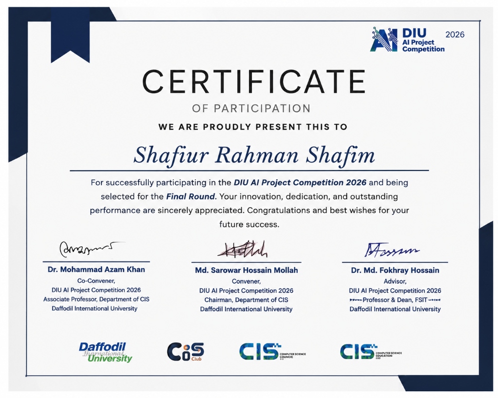 AI DIU Project Competition 2026 Certificate