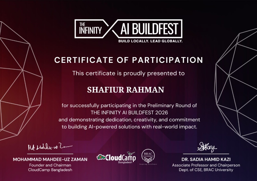 Infinity AI Buildfest 2026 Certificate